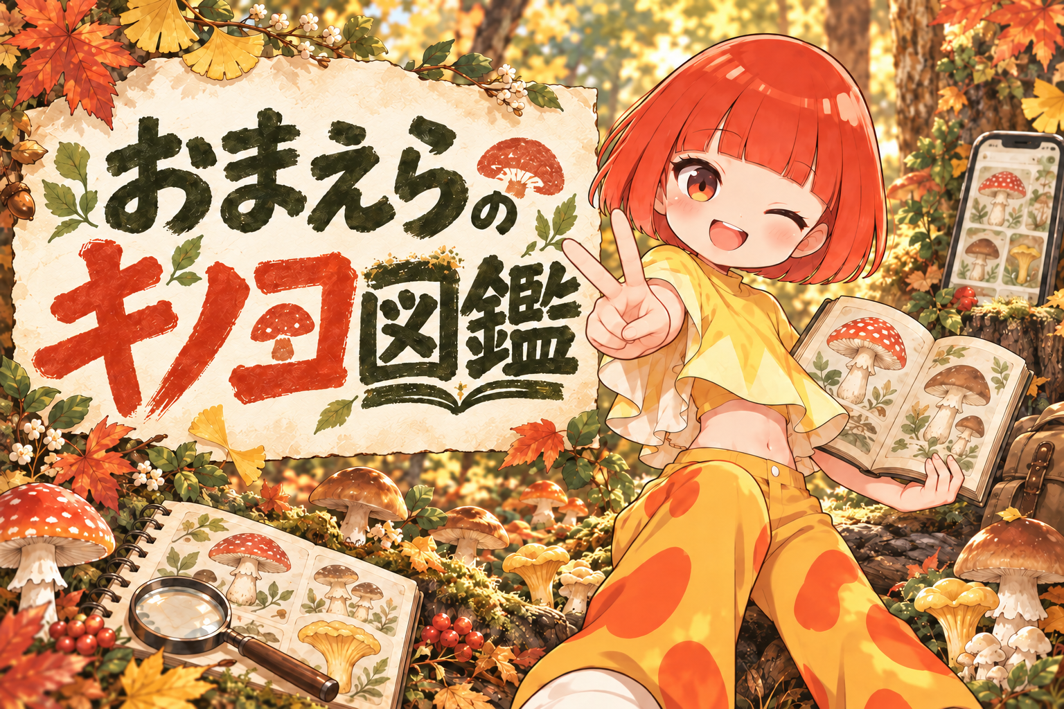 秋の森でキノコ図鑑を開く少女のイラスト